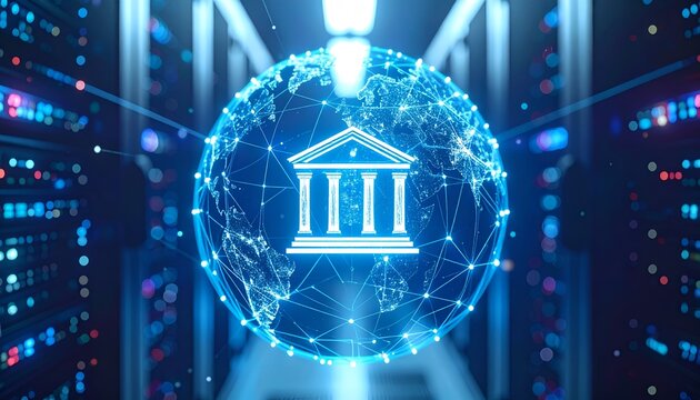 Centralized digital bank structure connected to multiple network nodes, illustrating financial infrastructure, blockchain networks, data connectivity, and decentralized technology.