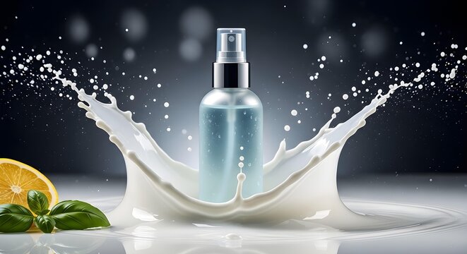 Cosmetic spray bottle surrounded by dynamic milk splash and fresh lemon slices with green leaves on dark background