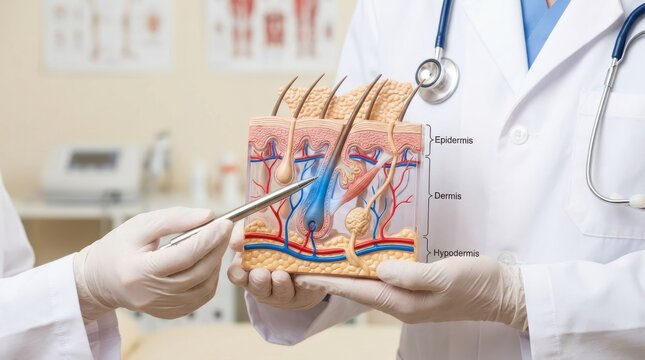 Dermatologist uses pointer on colorful skin model illustrating epidermis dermis and hypodermis layers for study.