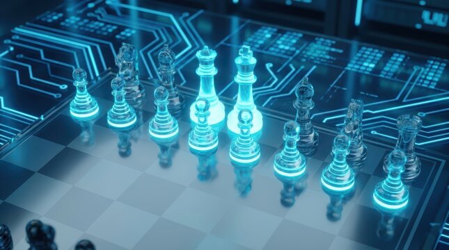 Futuristic digital chess board with glowing blue neon pieces representing artificial intelligence strategy.