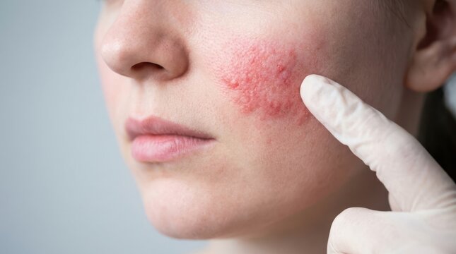 Medical professional checking red facial rosacea on woman cheek representing dermatology diagnosis and care.