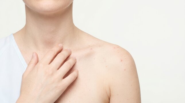 A woman with bare shoulder and visible acne or rash touches her collarbone against white background.