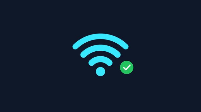 Wi-Fi connection successful icon with green checkmark. Secure wireless network access indicator on a dark background.