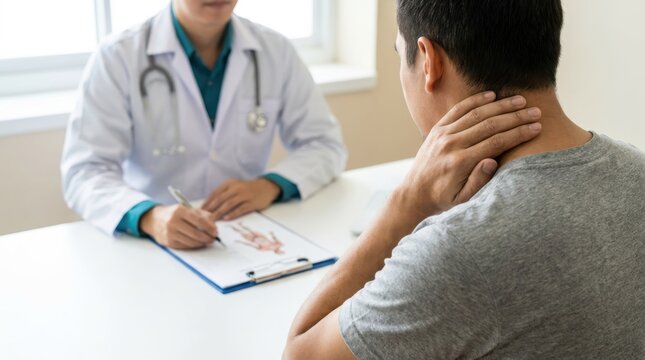 Asian man consulting doctor about neck pain and cervical spine issues during medical examination in hospital.