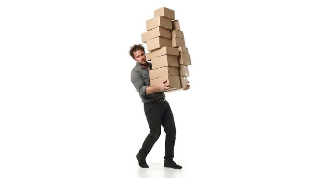 Stressed man struggling to carry a tall, precarious stack of cardboard boxes on white background