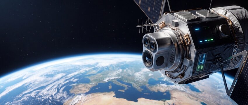 Modern observation satellite orbiting in outer space above planet Earth showing the Mediterranean Sea and glowing blue atmosphere