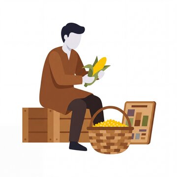A flat vector illustration of a farmer sitting on a wooden crate holding a fresh ear of corn.