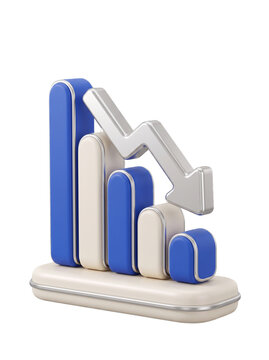 3D glossy blue, cream-colored, and silver descending bar chart icon featuring five decreasing columns and a falling arrow isolated on a pure white background for business decline and financi