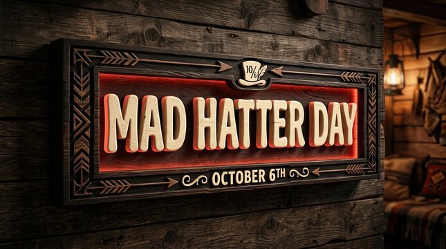 Illuminated mad hatter day sign with october date and whimsical character illustration