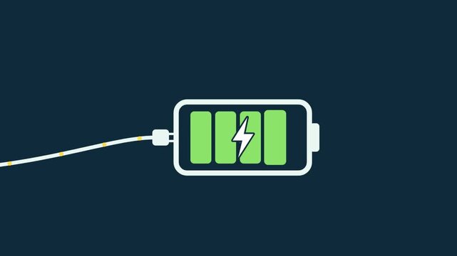 Green battery charging icon with a connected power cable and lightning bolt symbol against a dark background, indicating energy.