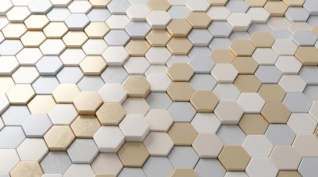 Abstract background featuring a 3d pattern of white and gold hexagonal tiles with soft lighting and depth