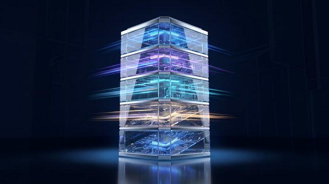Futuristic Quantum Computing Server Tower with Glowing Circuit Boards and High Speed Data Transfer