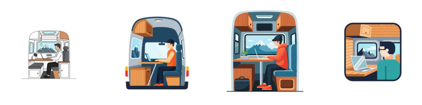 Camper van interior mobile office set with remote workers on transparent background