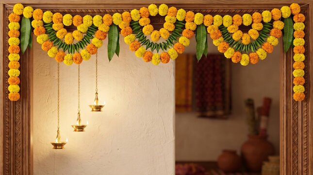 Traditional Indian doorway decorated with marigold flowers and hanging brass oil lamps