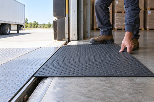Worker placing rubber traction mat at loading dock threshold