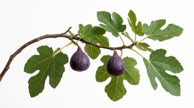 purple figs hanging on a branch with green leaves