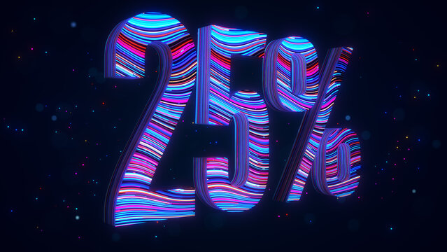 Large futuristic 3D 25 percent typography in perspective with vibrant blue and purple flowing stripes, glowing particles, and luminous bokeh against a dark digital space background.