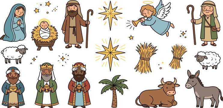 Cute Christmas Nativity Scene Vector Character Sticker Set with Baby Jesus, Mary, Joseph, and Wise Men