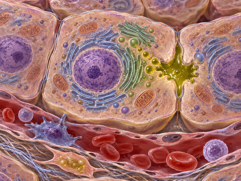 Microscopic cross section 3d illustration of hepatocytes liver cells with endoplasmic reticulum mitochondria and bile canaliculus