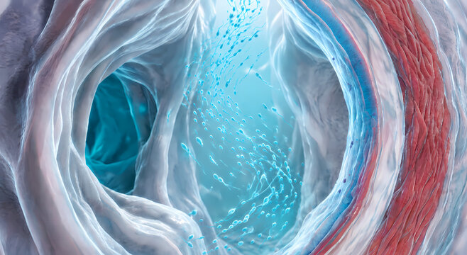 Microscopic 3d illustration of sperm cells swimming through a biological mucosal lumen during fertilization journey