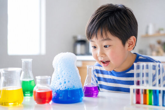 泡があふれるフラスコを見つめる男の子