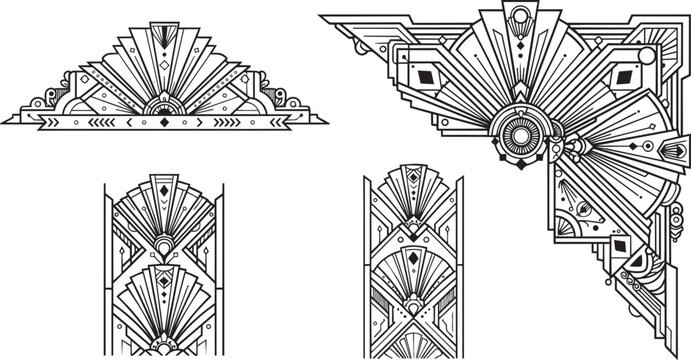 Set of deco geometric border and corner with fan motifs and sharp lines on a plain white background, for decoration