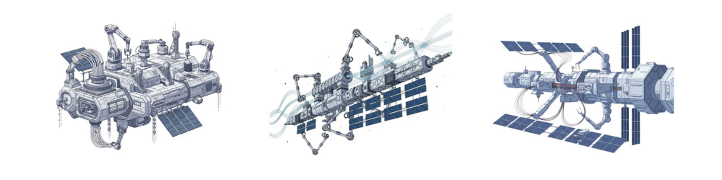 Detailed space station vector graphic featuring modules and solar panels on transparent background
