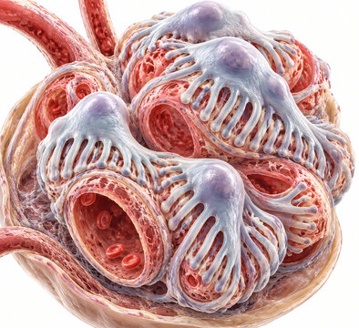 Detailed 3d illustration of kidney glomerulus showing podocytes filtration slits and capillary loops in renal corpuscle