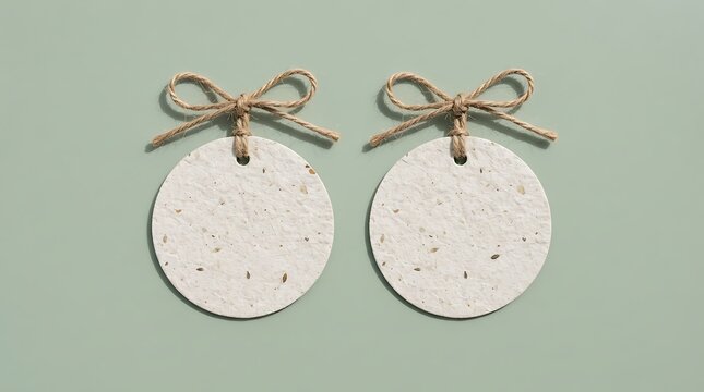 Top view of two blank round recycled paper tags with jute twine bow on sage green background for sustainable eco friendly product mockup