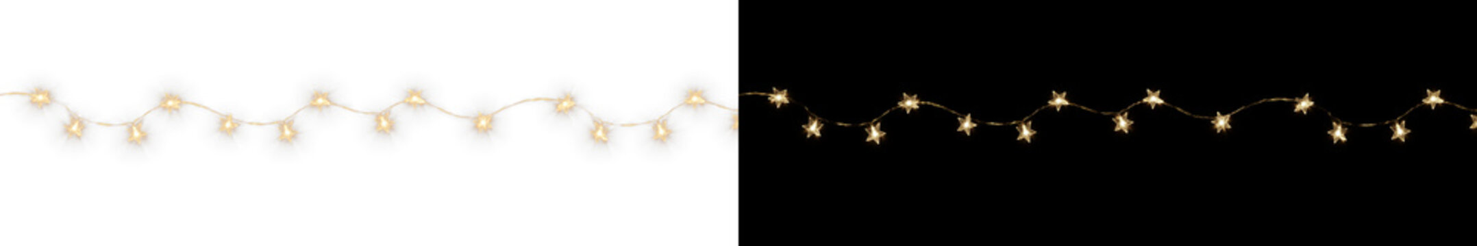 Glowing star string lights, gold fairy light garland with warm illumination isolated on transparent background for festive Christmas holiday decoration and party celebration web design png