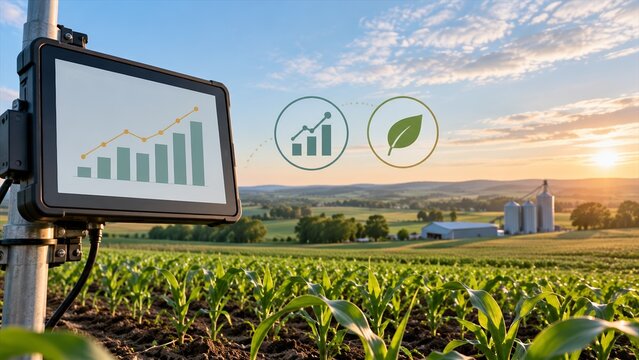 Smart agriculture technology monitoring crop growth and sustainability data in rural field