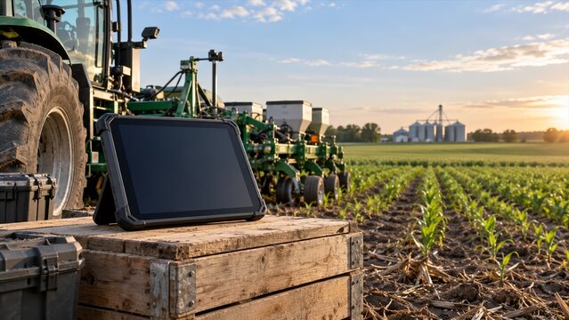 Modern precision agriculture technology using rugged tablet for field crop monitoring and smart tractor farm management