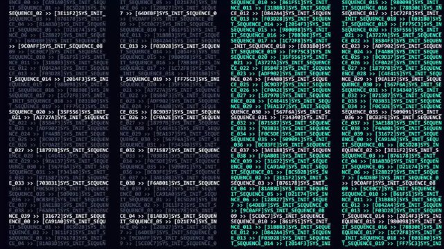 Source file glitch digital computer code scrolling on screen with systematic