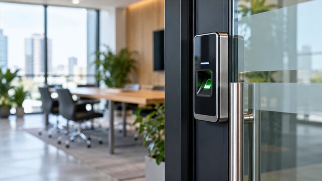 Modern office glass door with advanced fingerprint biometric access control system technology security installation