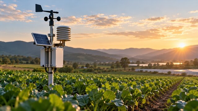 Automated weather station monitoring crop growth in rural farm fields during beautiful sunrise landscape
