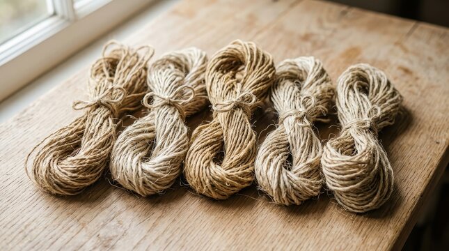 Bundles of Natural Jute Twine Lined Up on a Rustic Wooden Surface