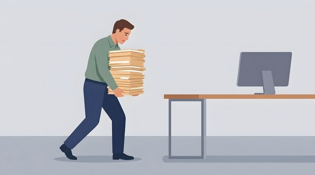 Overburdened Office Worker: A weary office worker, hunched under the weight of a massive stack of documents, trudges towards a desk with a computer.