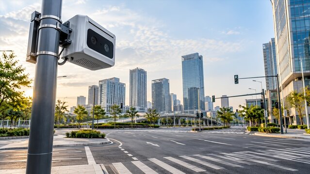 Modern traffic surveillance camera monitoring urban city intersection infrastructure during the early morning golden hour light