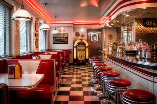 Retro diner interior with jukebox counter and booths