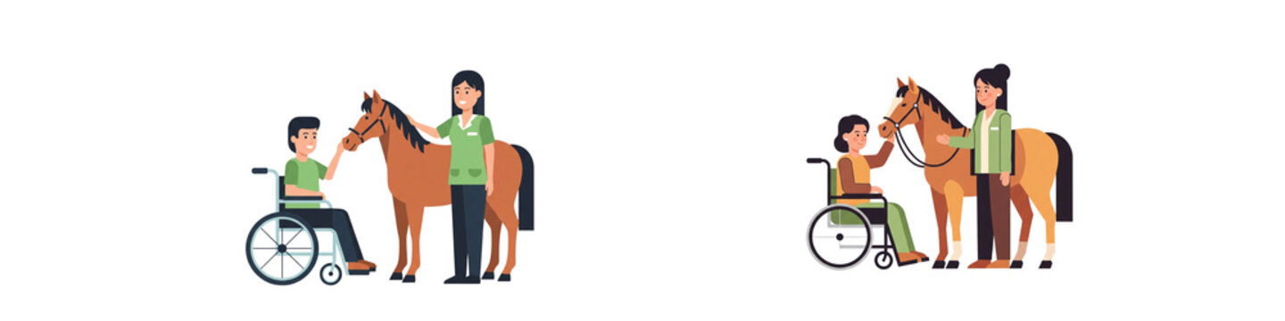 Equine assisted therapy vector illustration featuring patients in wheelchairs interacting with horses and a practitioner on transparent background