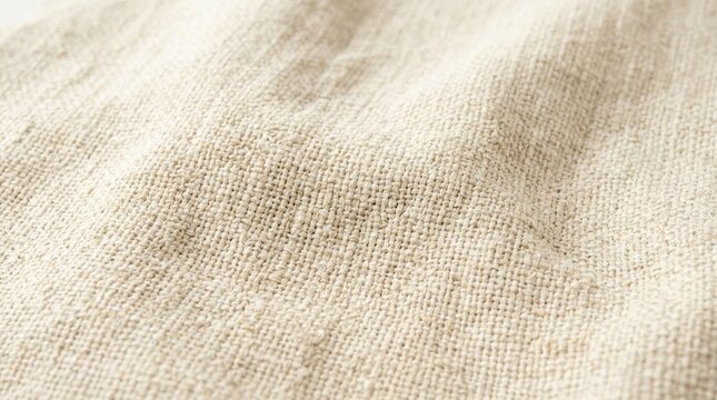 Close up of textured natural linen fabric showing woven threads and neutral beige tone