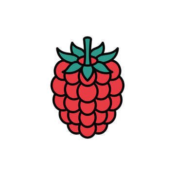 Stylized red raspberry fruit icon with green leaves.