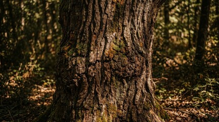 Obraz premium Close-up textured bark of an ancient, weathered tree trunk in a sunlit forest with natural green moss and brown foliage