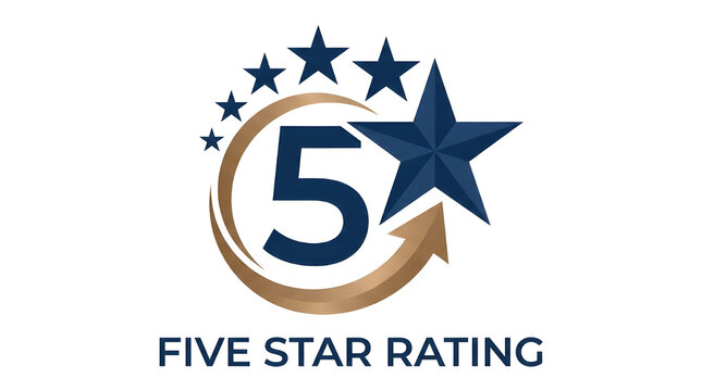 Five star rating logo design featuring blue numeral five and golden swoosh with metallic elements