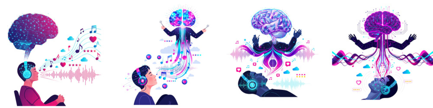 Abstract vector collection of human minds listening to music on transparent background