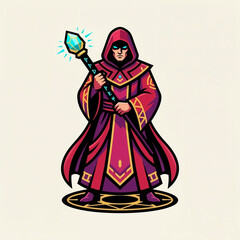 Fototapeta premium Magical sorcerer in a purple robe holding a glowing staff on a light background