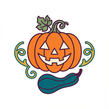 Halloween pumpkin with a happy expression and zucchini on a white background