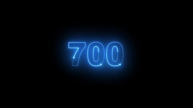 Animated glowing blue neon light 700 number isolated on dark background