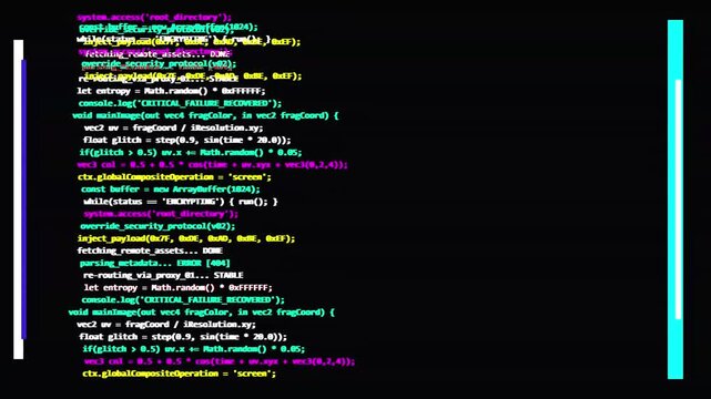 Source file glitch digital programming code with colorful terminal syntax and