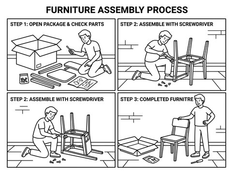 Furniture Assembly Process Step by Step Outline Vector Illustration